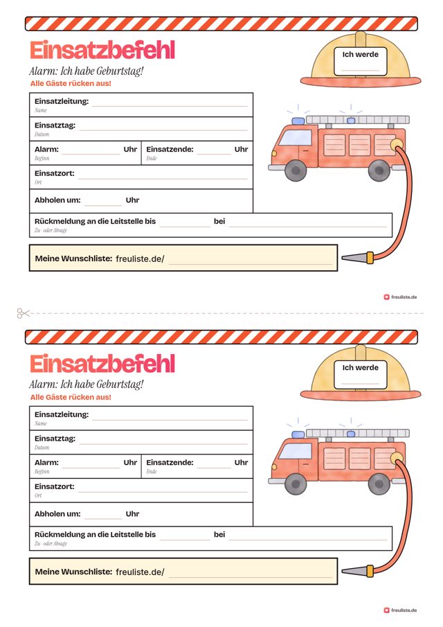 Vorschau: Feuerwehr-Einladung zum Kindergeburtstag: Vorlage zum Ausdrucken