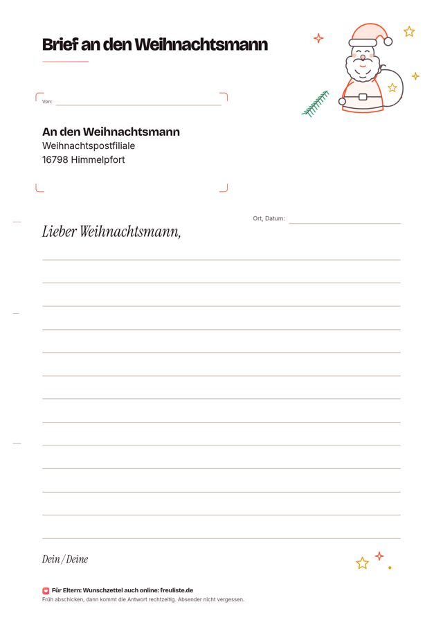 Vorschau: Brief an den Weihnachtsmann mit Linien (PDF, kostenlos)