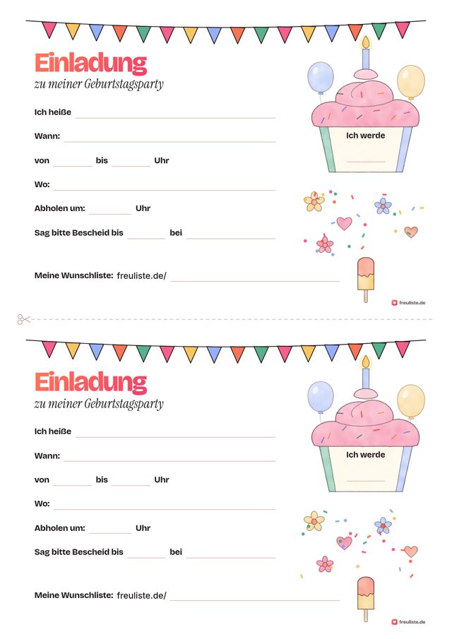 Vorschau: Einladung zum Kindergeburtstag für Mädchen: Vorlage zum Ausdrucken
